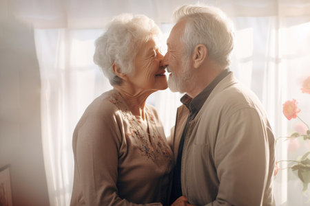 Romantic mature people kissing tenderly, the idea of love between older people.の素材