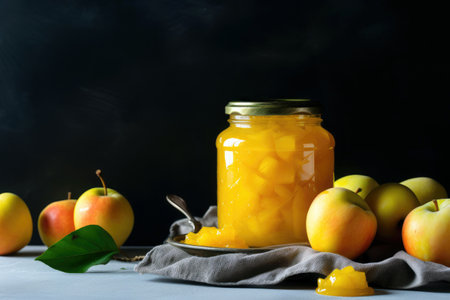 A jar of homemade apple jam and juicy ripe fruits on black background.の素材