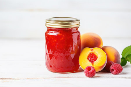 Homemade raspberry peach jam in a glass jar, surrounded by ripe berries on a white table.の素材