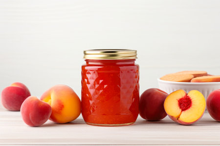 A jar of luscious peach jam and ripe peaches.の素材