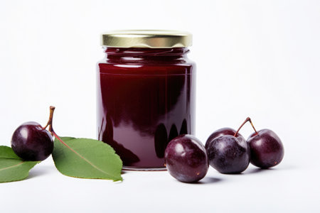 Homemade plum jam and ripe fruits on a white table.の素材