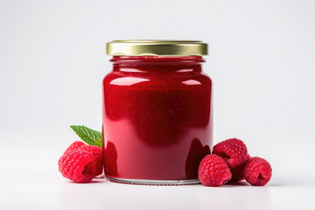 A jar of homemade raspberry jam and fresh, ripe berries on a white background.の素材