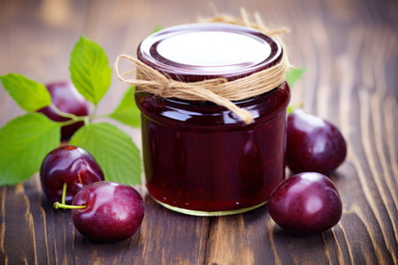 A jar of sweet plum jam surrounded by fresh fruit.の素材