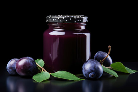 Homemade plum jam and organic fruits on a black background.の素材