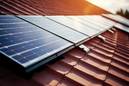 Green power: solar panels harnessing energy on a sunny rooftop.の素材
