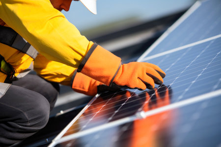 Innovative engineer installs eco-friendly photovoltaic panels.の素材