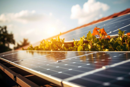 Renewable energy in action: Solar panels installed for an eco-friendly home.の素材