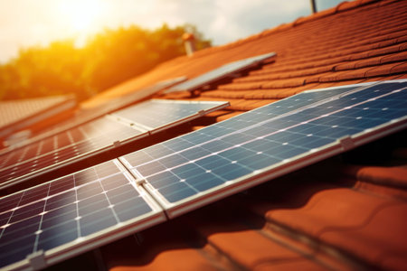 Eco-friendly home feature: Solar panels providing clean energy innovation.の素材