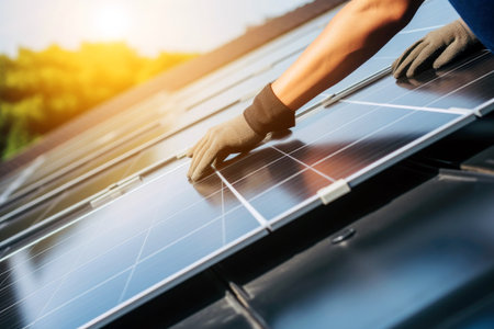 Green power: technician fine tunes a solar residential system.の素材