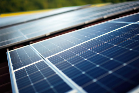 Green electricity: solar panels supporting renewable energy.の素材