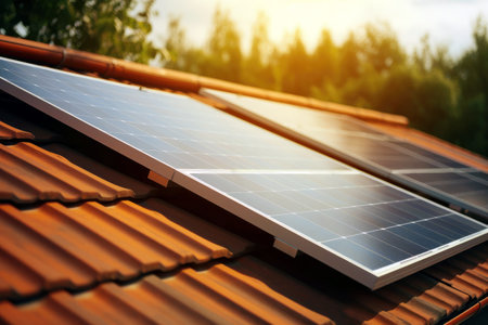 Clean energy: solar panels on a house promoting sustainability.の素材