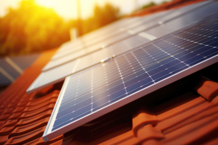 Green living: solar panels on a residential roof for clean power.の素材