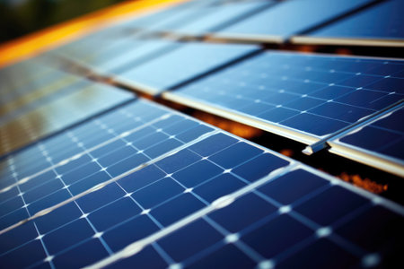 Clean energy generation on a sunny day: photovoltaic panels power the house.の素材