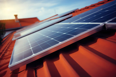 Solar panels on a residential rooftop harnessing green power.の素材