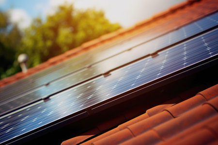 Earth's Day: solar panels on a house promoting sustainability.の素材