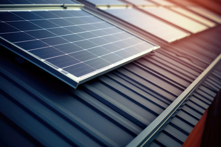 Eco-conscious construction: solar panels on a residential rooftop for sustainability.の素材