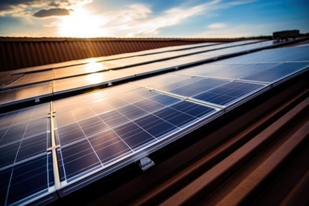 Solar panels on a residential roof.の素材