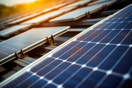 Green energy source: solar panels on a residential rooftop for a cleaner future.の素材