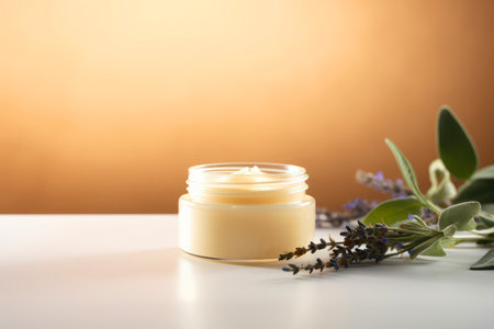 Minimalist composition with cosmetic cream jar and herbal flowers, beauty and facial skin care theme, copy space.の素材