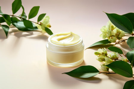 Composition of a jar mockup with a moisturizing or nourishing cream for facial skin, decorated with herbal flowers, the concept of beauty and natural cosmetics.の素材