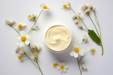 A cosmetic jar on a clean white background with herbal flowers, beauty, skincare, and the organic concept of cosmetics.の素材