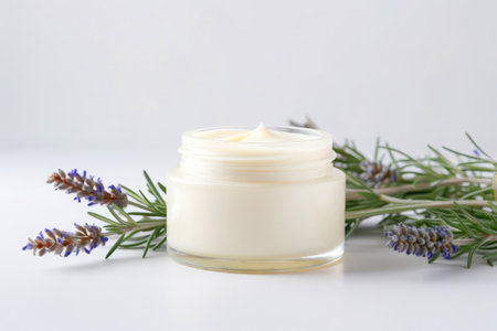A spa inspired still life with a white cosmetic jar, adorned with herbal flowers, representing beauty, natural skincare, and facial care.の素材