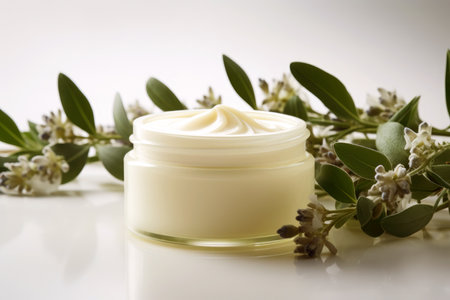 An aesthetic mockup of a cosmetic jar surrounded by herbal flowers on a white background, symbolizing beauty, skincare, and the natural aspect of cosmetic products.の素材