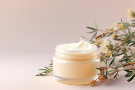 A clean and organic cosmetic presentation with an open jar, herbal flowers, and copy space.の素材