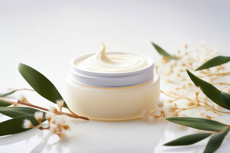 Close up visuals of a white jar with facial cream, decorated with herbal flowers, emphasizing the beauty and natural elements of skincare products.の素材
