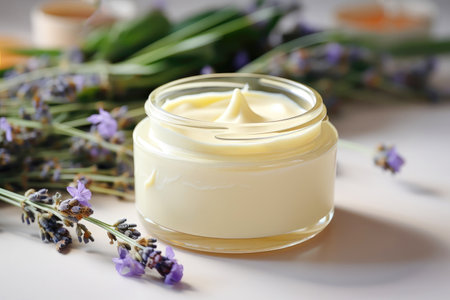 A jar of cosmetics on a white background complemented with lavender flowers, a beauty and skincare concept.の素材
