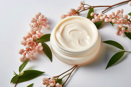 A jar filled with facial cream, adorned by herbal flowers, promoting natural skincare elegance.の素材