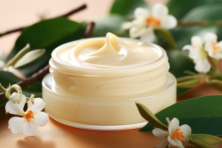Mockup presenting a cosmetic jar and herbal flowers, capturing the beauty, skincare, and natural aspects of facial cosmetic products.の素材