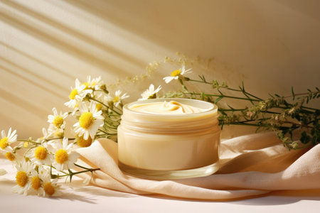 Jar of moisturizing face cream with chamomile extract.の素材