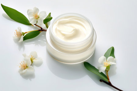 Cosmetic skincare: herbal decorated facial cream, promoting natural beauty.の素材