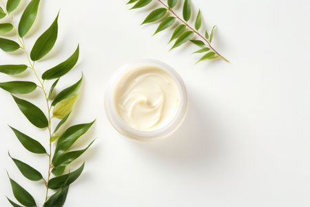 Still life of cosmetic jar with cream with leaves on white background, skin care concept, top view.の素材
