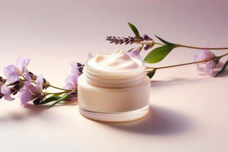 A jar featuring moisturizing cream, complemented by herbal floral aesthetics.の素材