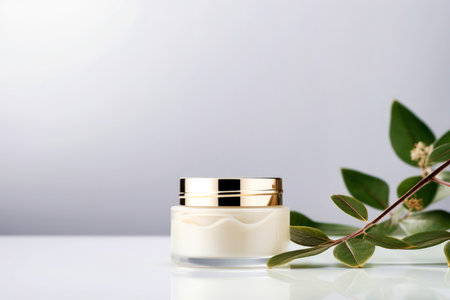 A white cosmetic jar and herbal flowers the concept beauty and natural attributes of facial skincare products, text space.の素材