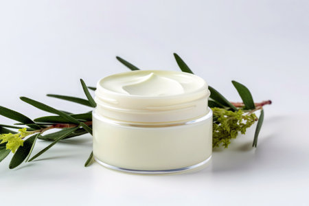 Elegant composition featuring a cosmetic jar filled with moisturizing cream.の素材