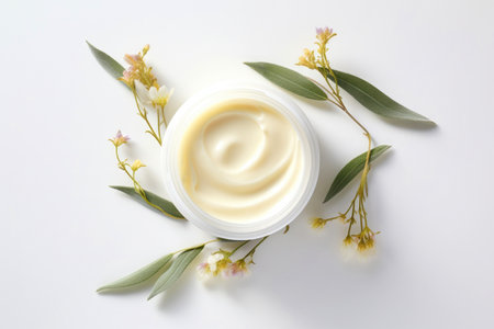 Still life portrayal of a cosmetic jar, housing moisturizing cream for facial care, complemented by herbal flowers, top view.の素材
