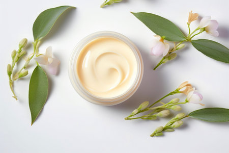 Facial cream in a jar, herbal decor, encapsulating beauty in natural cosmetics, top view.の素材
