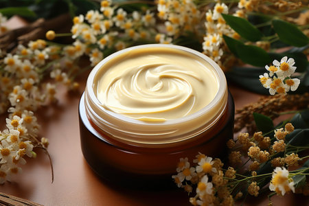 A spa inspired composition showing a white cosmetic jar and herbal flowers, representing beauty, skincare, and natural cosmetics.の素材