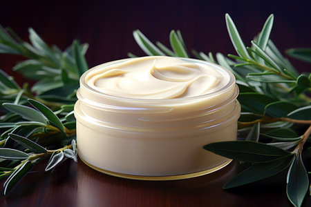 Jar mockup: herbal decorated facial cream, a beauty concept in natural cosmetic skincare.の素材