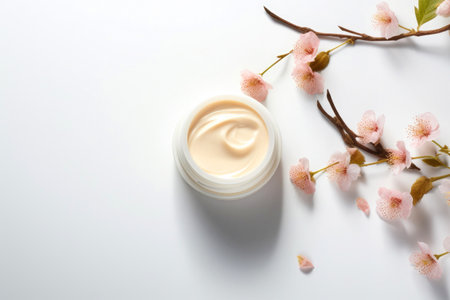 Cosmetic jar with face cream decorated with cherry blossoms on white background, top view.の素材