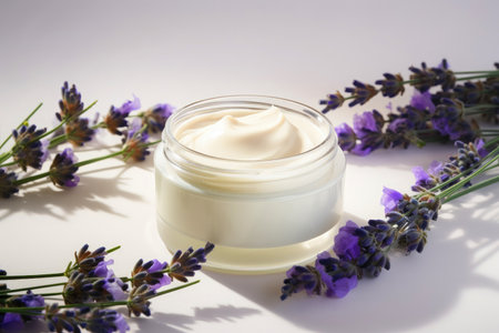 Nourishing cream with lavender extract on white background, natural cosmetics concept.の素材