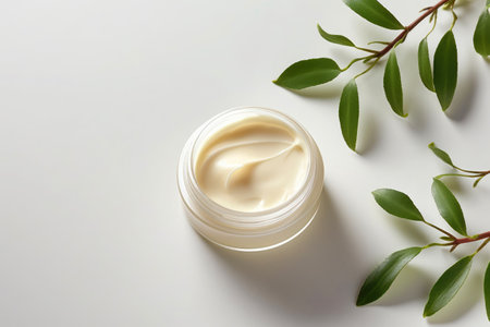 Cosmetic jar with facial cream, herbals decorate, blending beauty and natural skincare, text space.の素材
