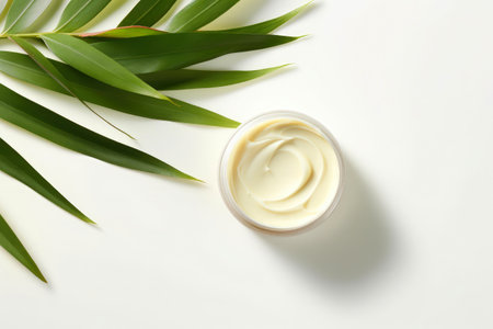 Natural cosmetic jar with herbal elegance for facial care, top view.の素材