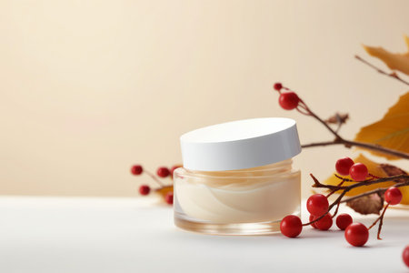 Natural skin care: jar mockup with facial cream, berries decorated, enhancing beauty, copy space.の素材