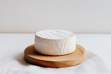 Delicious goat cheese portion, a gourmet appetizer on a wooden board.の素材
