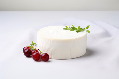 Soft goat cheese with red berries and herbs on white background.の素材