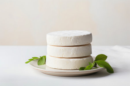 Round, organic goat cheese with herbs on a plate.の素材